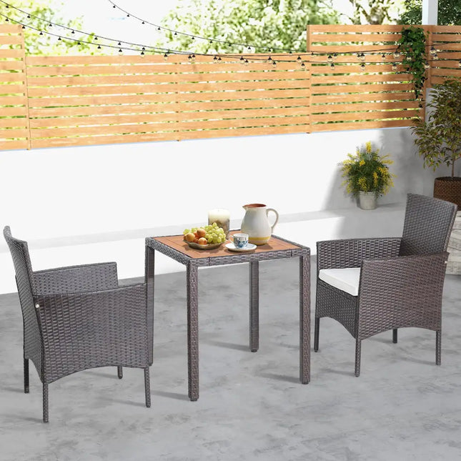 3 Pieces Patio Wicker Furniture Set wih Acacia Wood Table Top and Chair Cushiones - Off White - Patio Conversation Sets