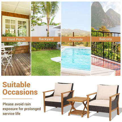 3 Pieces Patio Wicker Furniture Set with 2-Tier Side Table and Cushioned Armchairs-Natural - Natural - Patio