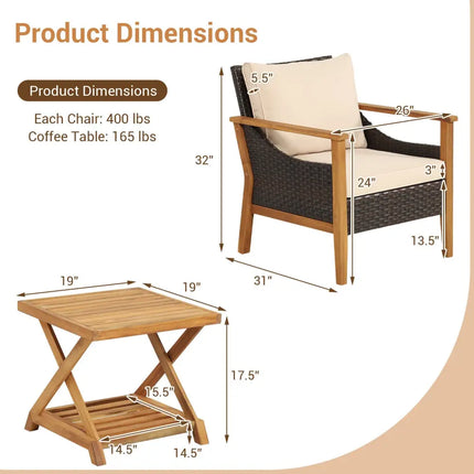 3 Pieces Patio Wicker Furniture Set with 2-Tier Side Table and Cushioned Armchairs-Natural - Natural - Patio