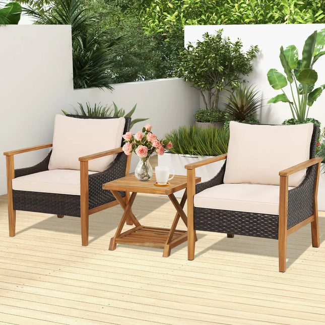 3 Pieces Patio Wicker Furniture Set with 2-Tier Side Table and Cushioned Armchairs-Natural - Natural - Patio