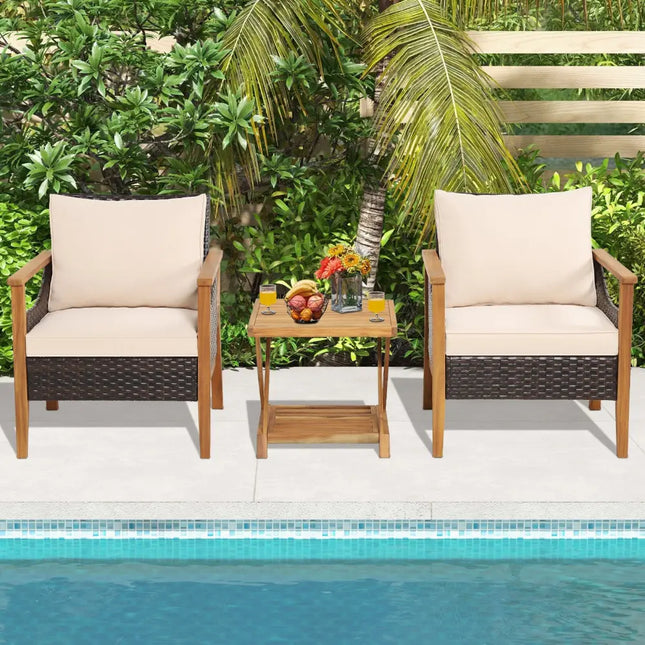3 Pieces Patio Wicker Furniture Set with 2-Tier Side Table and Cushioned Armchairs-Natural - Natural - Patio