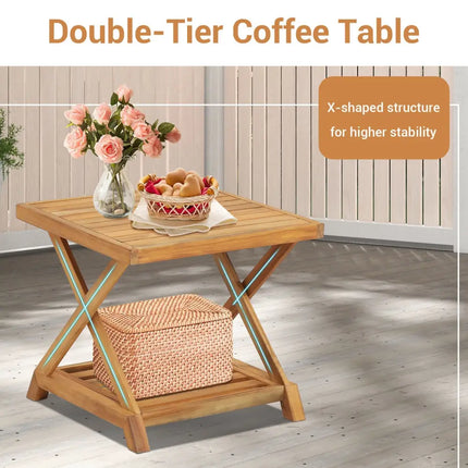 3 Pieces Patio Wicker Furniture Set with 2-Tier Side Table and Cushioned Armchairs-Natural - Natural - Patio