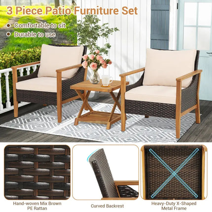 3 Pieces Patio Wicker Furniture Set with 2-Tier Side Table and Cushioned Armchairs-Natural - Natural - Patio