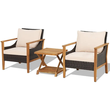 3 Pieces Patio Wicker Furniture Set with 2-Tier Side Table and Cushioned Armchairs-Natural - Natural - Patio