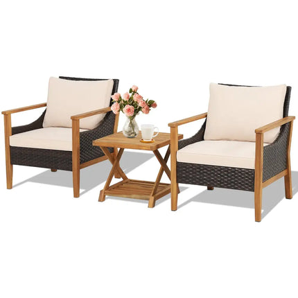 3 Pieces Patio Wicker Furniture Set with 2-Tier Side Table and Cushioned Armchairs-Natural - Natural - Patio