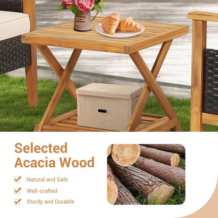 3 Pieces Patio Wicker Furniture Set with 2-Tier Side Table and Cushioned Armchairs-Natural - Natural - Patio