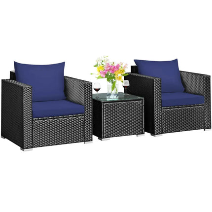 3 Pieces Patio Wicker Furniture Set with Cushion-Navy - Navy - Patio Conversation Sets