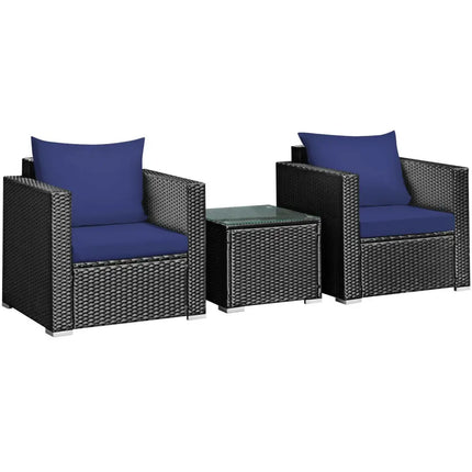 3 Pieces Patio Wicker Furniture Set with Cushion-Navy - Navy - Patio Conversation Sets