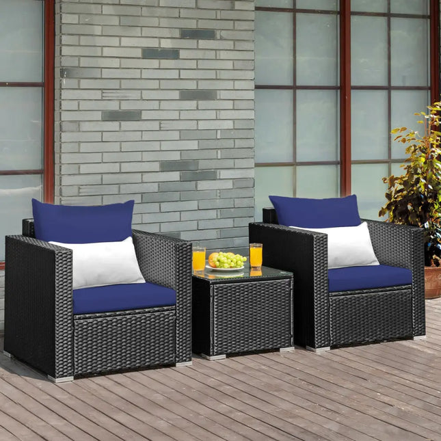 3 Pieces Patio Wicker Furniture Set with Cushion-Navy - Navy - Patio Conversation Sets