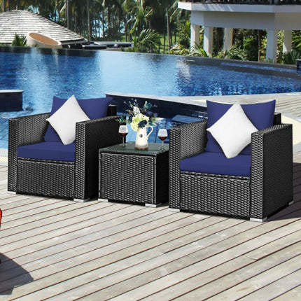 3 Pieces Patio Wicker Furniture Set with Cushion-Navy - Navy - Patio Conversation Sets