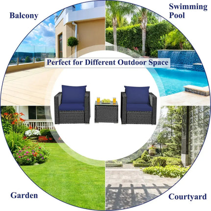 3 Pieces Patio Wicker Furniture Set with Cushion-Navy - Navy - Patio Conversation Sets