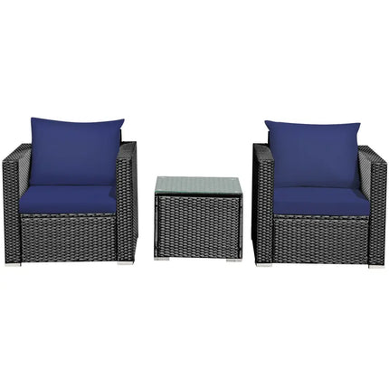 3 Pieces Patio Wicker Furniture Set with Cushion-Navy - Navy - Patio Conversation Sets