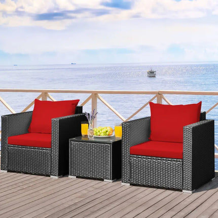 3 Pieces Patio wicker Furniture Set with Cushion-Red - Red - Patio Conversation Sets