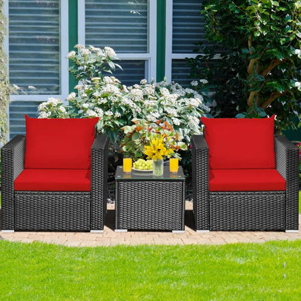 3 Pieces Patio wicker Furniture Set with Cushion-Red - Red - Patio Conversation Sets