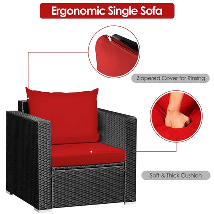 3 Pieces Patio wicker Furniture Set with Cushion-Red - Red - Patio Conversation Sets