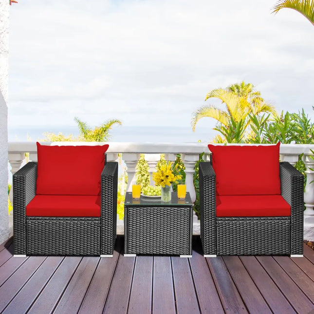 3 Pieces Patio wicker Furniture Set with Cushion-Red - Red - Patio Conversation Sets