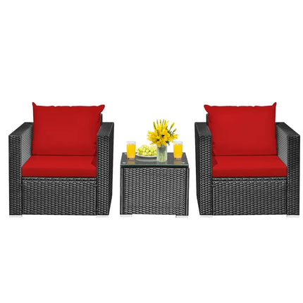 3 Pieces Patio wicker Furniture Set with Cushion-Red - Red - Patio Conversation Sets