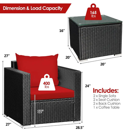 3 Pieces Patio wicker Furniture Set with Cushion-Red - Red - Patio Conversation Sets