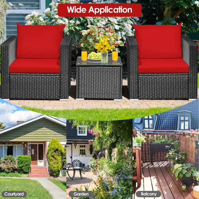 3 Pieces Patio wicker Furniture Set with Cushion-Red - Red - Patio Conversation Sets