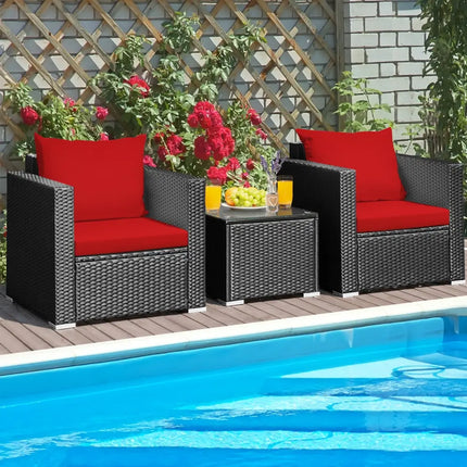 3 Pieces Patio wicker Furniture Set with Cushion-Red - Red - Patio Conversation Sets