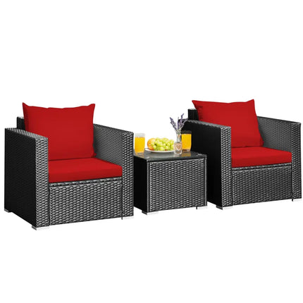3 Pieces Patio wicker Furniture Set with Cushion-Red - Red - Patio Conversation Sets