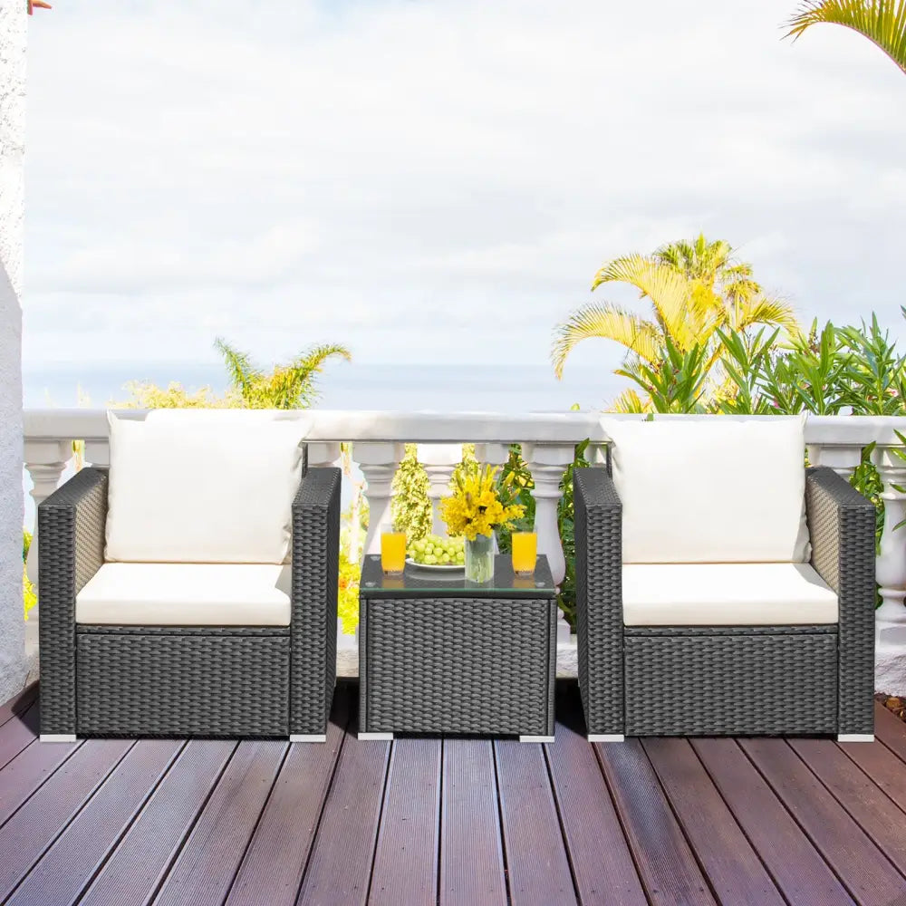 3 Pieces Patio wicker Furniture Set with Cushion-White - White - Patio Conversation Sets