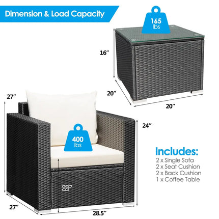 3 Pieces Patio wicker Furniture Set with Cushion-White - White - Patio Conversation Sets
