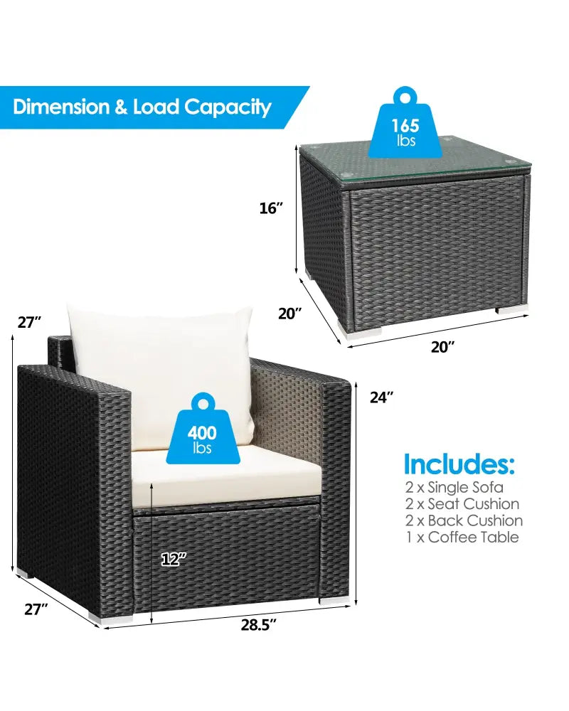 3 Pieces Patio wicker Furniture Set with Cushion-White - White - Patio Conversation Sets