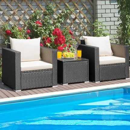 3 Pieces Patio wicker Furniture Set with Cushion-White - White - Patio Conversation Sets