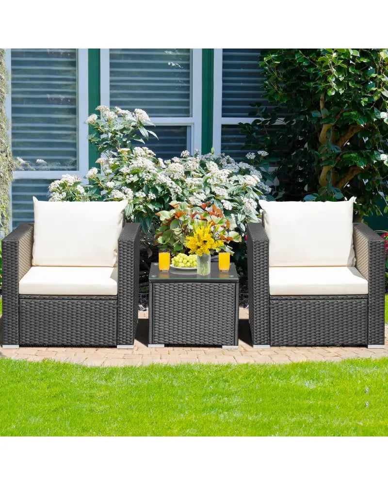 3 Pieces Patio wicker Furniture Set with Cushion-White - White - Patio Conversation Sets