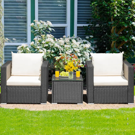 3 Pieces Patio wicker Furniture Set with Cushion-White - White - Patio Conversation Sets