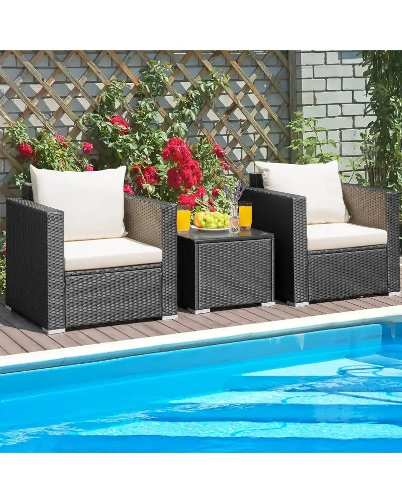3 Pieces Patio wicker Furniture Set with Cushion-White - White - Patio Conversation Sets