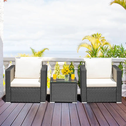 3 Pieces Patio wicker Furniture Set with Cushion-White - White - Patio Conversation Sets