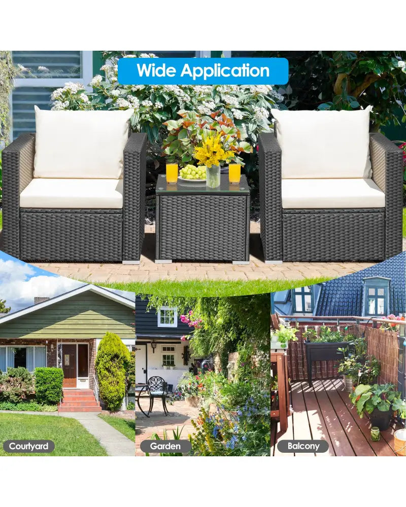 3 Pieces Patio wicker Furniture Set with Cushion-White - White - Patio Conversation Sets