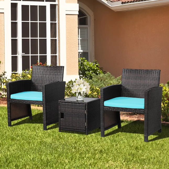 3 Pieces Patio Wicker Furniture Set with Storage Table and Protective Cover-Turquoise - Turquoise - Patio Conversation