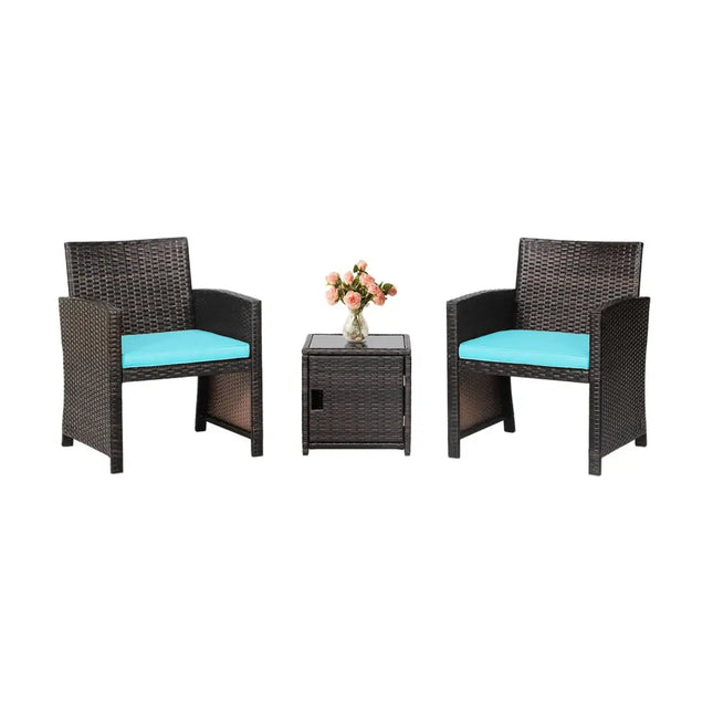 3 Pieces Patio Wicker Furniture Set with Storage Table and Protective Cover-Turquoise - Turquoise - Patio Conversation