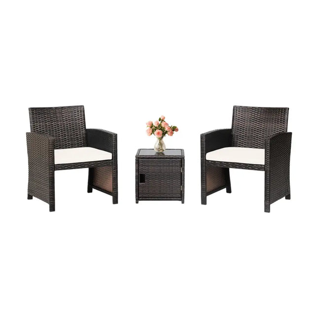 3 Pieces Patio Wicker Furniture Set with Storage Table and Protective Cover-Off White - Off White - Patio Conversation