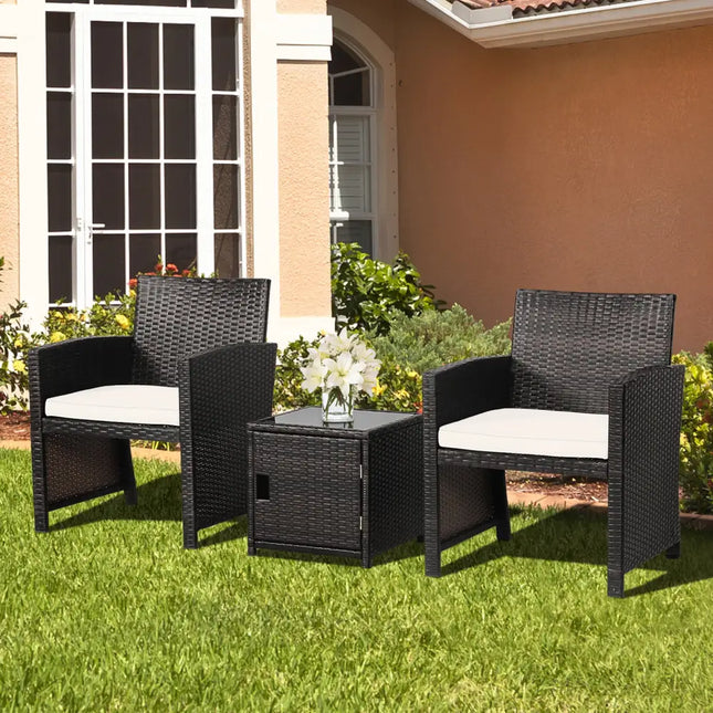 3 Pieces Patio Wicker Furniture Set with Storage Table and Protective Cover-Off White - Off White - Patio Conversation
