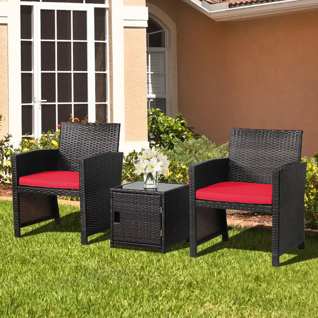 3 Pieces Patio Wicker Furniture Set with Storage Table and Protective Cover-Red - Red - Patio Conversation Sets
