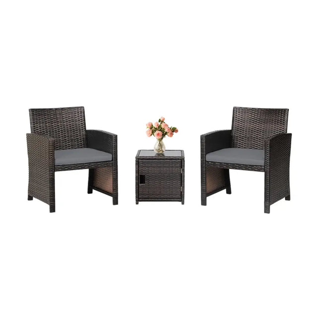 3 Pieces Patio Wicker Furniture Set with Storage Table and Protective Cover-Gray - Gray - Patio Conversation Sets