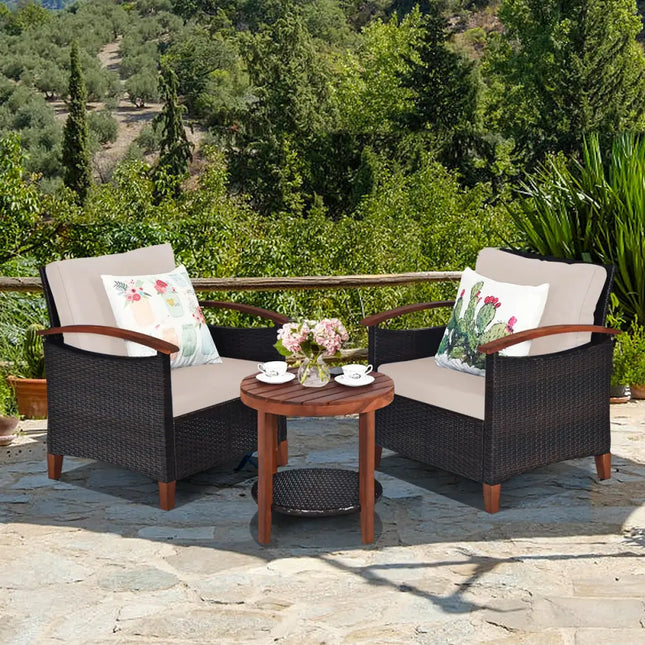 3 Pieces Patio Wicker Furniture Set with Washable Cushion and Acacia Wood Tabletop-Beige - Beige - Patio Conversation