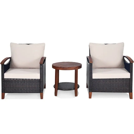 3 Pieces Patio Wicker Furniture Set with Washable Cushion and Acacia Wood Tabletop-Beige - Beige - Patio Conversation