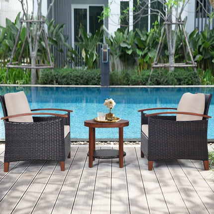 3 Pieces Patio Wicker Furniture Set with Washable Cushion and Acacia Wood Tabletop-Beige - Beige - Patio Conversation