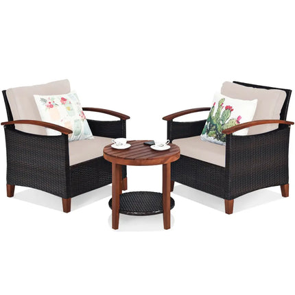 3 Pieces Patio Wicker Furniture Set with Washable Cushion and Acacia Wood Tabletop-Beige - Beige - Patio Conversation
