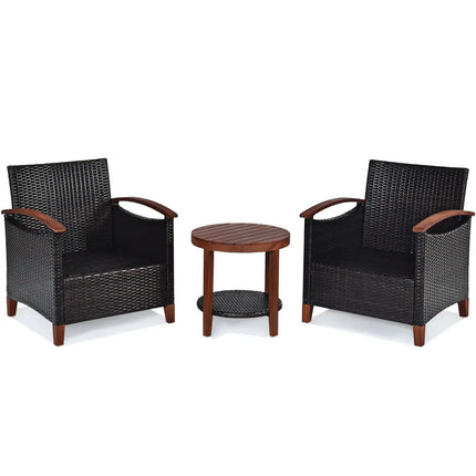 3 Pieces Patio Wicker Furniture Set with Washable Cushion and Acacia Wood Tabletop-Beige - Beige - Patio Conversation