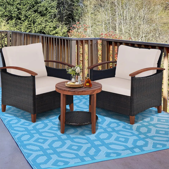 3 Pieces Patio Wicker Furniture Set with Washable Cushion and Acacia Wood Tabletop-Beige - Beige - Patio Conversation