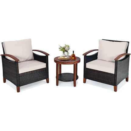 3 Pieces Patio Wicker Furniture Set with Washable Cushion and Acacia Wood Tabletop-Beige - Beige - Patio Conversation