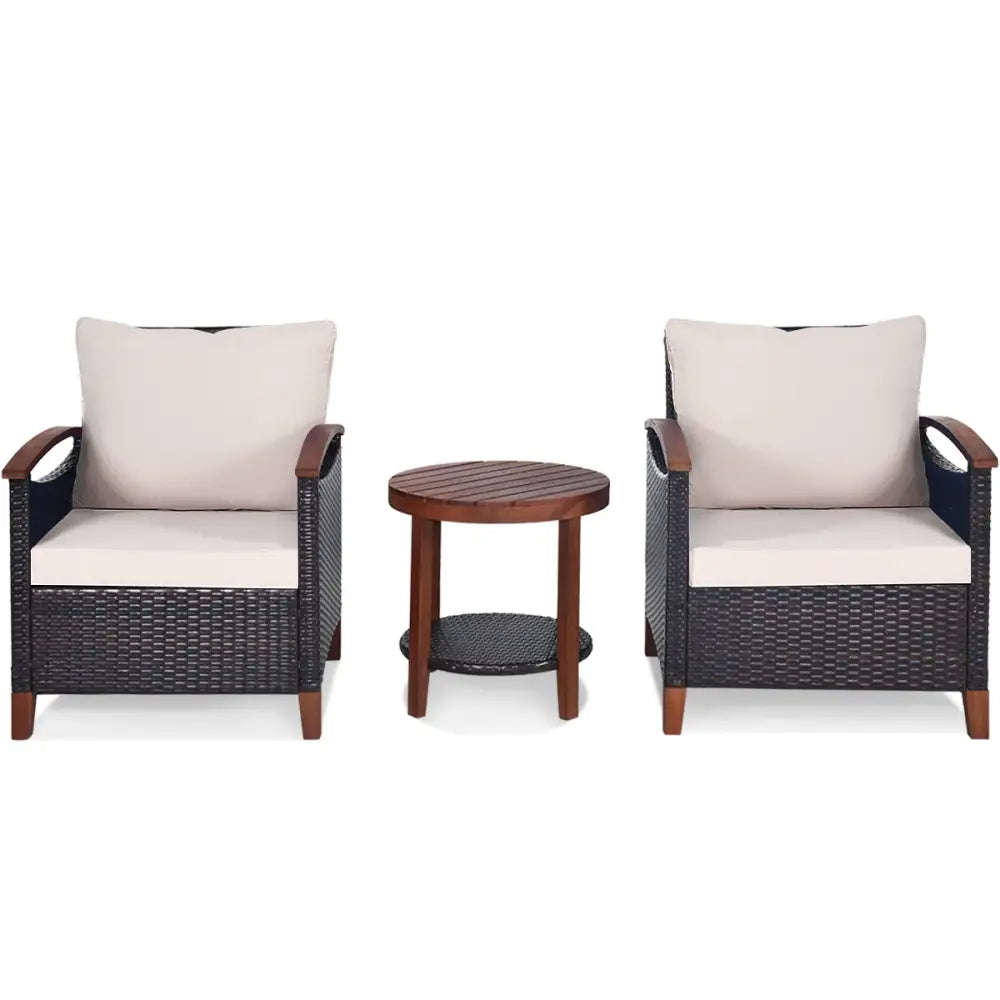 3 Pieces Patio Wicker Furniture Set with Washable Cushion and Acacia Wood Tabletop-Beige - Beige - Patio Conversation