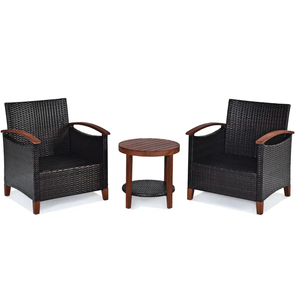 3 Pieces Patio Wicker Furniture Set with Washable Cushion and Acacia Wood Tabletop-Beige - Beige - Patio Conversation