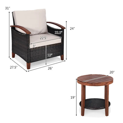 3 Pieces Patio Wicker Furniture Set with Washable Cushion and Acacia Wood Tabletop-Beige - Beige - Patio Conversation